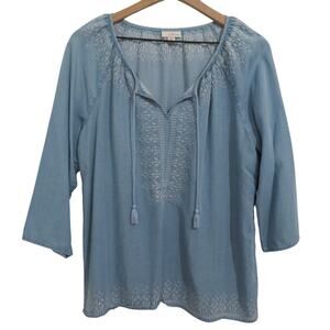 J. Jill Denim Women Sz M Light Chambray Embroidered Peasant Top Tassel Tie